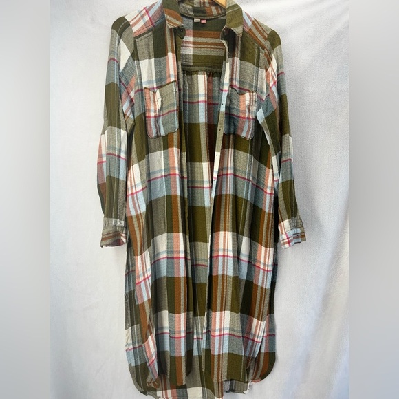 Pilcro Tunic Button Up Shirt Duster Green Plaid Long Sleeve Anthropologie Sz XS - Picture 2 of 8